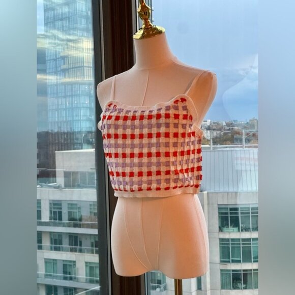🆕 FARM Rio 🧿 NWOT Patchwork Checkerboard Crochet Crop Top - Sz M - Picture 2 of 13